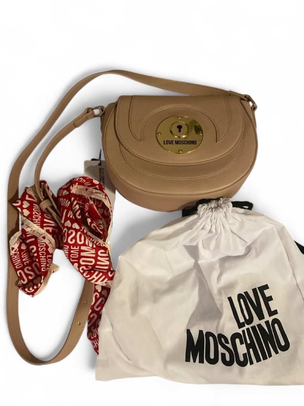 Love Moschino Beige Leather Crossbody Bag with Gold Plaque